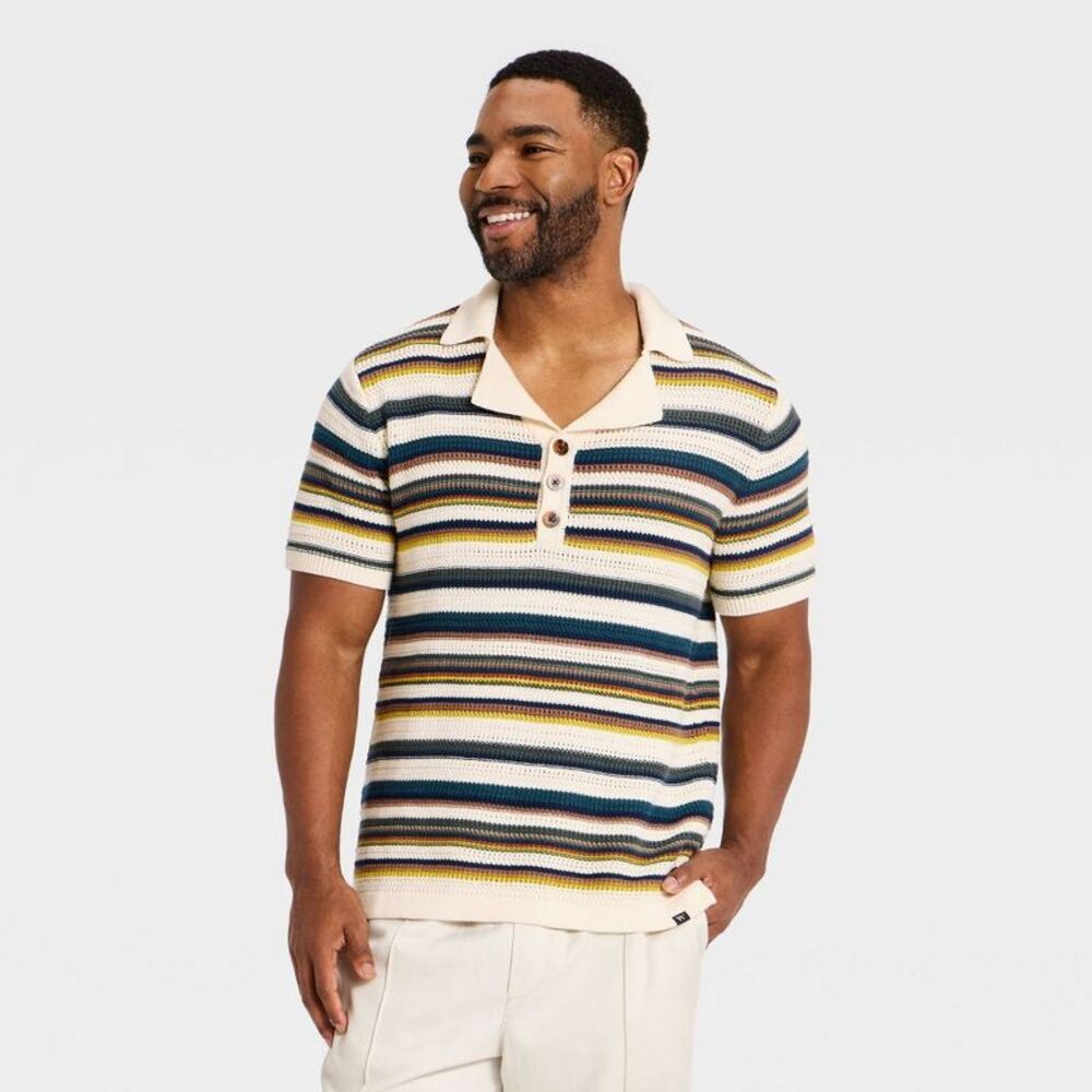 Men's Johnny Collar Striped Pullover Sweater - Blue and Yellow Striped L